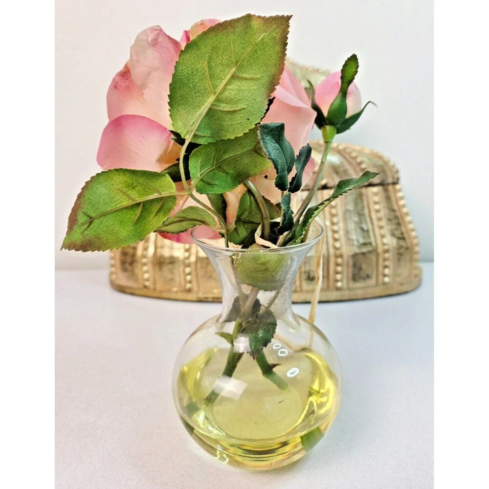 Vintage Faux Pink Cabbage Rose Silk Flower in Glass Vase with Bluebird Nest